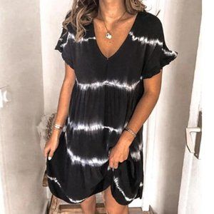 Black & White Tie Dye Ruffle Mini Dress S, NWT